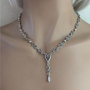 Brighton Tulip faux Pearl Y Drop Silver Plated Necklace Retired